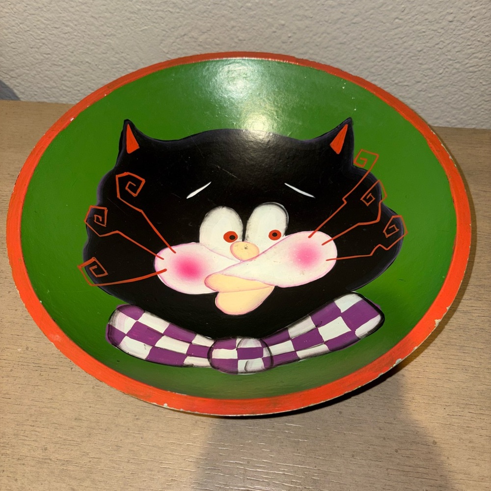 Vintage Folk Art Cat Hand-painted Wooden Bowl Art Piece Black Cat